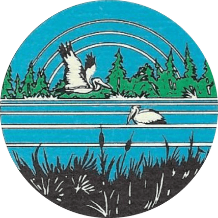 Crest of the Summer Village of Pelican Narrows: a pelican over Moose Lake, with pines, water and bulrushes